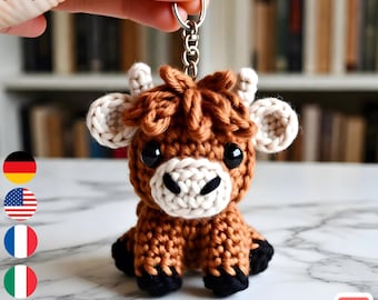 Highland Cow Amigurumi Keychain Crochet Pattern PDF – Cute Mini Cow Keyring Plush DIY Tutorial