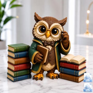 Può includere: Una statuetta di gufo marrone con occhiali dalla montatura dorata, un cappotto verde scuro e un papillon marrone. Il gufo tiene in mano un piccolo libro marrone, in piedi tra due pile di libri colorati, con un libro aperto sulla pila di destra.