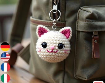 Llavero de gatito a crochet en PDF, mini llavero amigurumi, patrón de animal kawaii