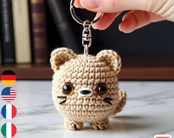 Schema PDF per portachiavi all'uncinetto a forma di gatto kawaii, portachiavi amigurumi a forma di gattino, mini peluche di gatto carino, regalo facile da realizzare all'uncinetto