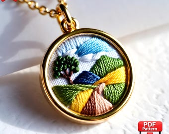 Schema per ricamo di paesaggio in miniatura, design per ciondoli e gioielli (download in PDF)