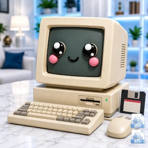 Kawaii Retro Dator STL, Vintage PC Figur 3D-utskriftsfil, Resin Utskrivbart Skrivbordssamlarobjekt, STL & 3MF Digital Nedladdning