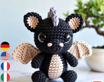 Schema PDF per realizzare un drago amigurumi all'uncinetto / Peluche nero e beige