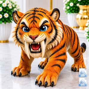 May include: A stylized orange and black tiger figurine with prominent white saber teeth, large blue eyes, and a textured fur appearance. The creature is depicted in a crouching stance with its mouth open, revealing sharp teeth and a red tongue.