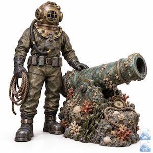 Peut inclure: Une figurine de plongeur en eaux profondes avec un casque en laiton vintage et une combinaison usée, tenant une corde enroulée. À côté se trouve un canon incrusté de bernacles sur un socle rocheux orné de corail, coquillages et boussole.