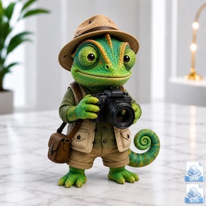 Op de afbeelding: Een groen kameleonfiguurtje met een beige safarihoed, een beige vest met meerdere zakken en een kaki korte broek. De kameleon houdt een zwarte digitale camera met lens vast en draagt een bruine schoudertas. De staart is opgerold.