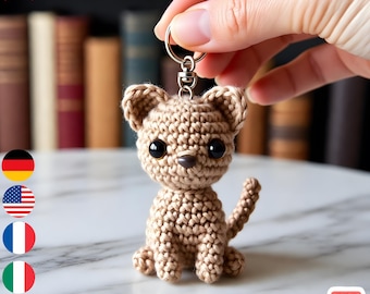 Schema per portachiavi amigurumi a forma di gatto all'uncinetto, gattino kawaii, adatto ai principianti (download PDF)