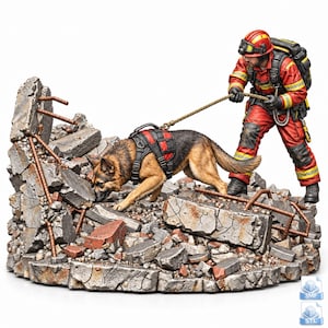 May include: A detailed figurine of a firefighter in a red uniform and helmet holding a leash attached to a German Shepherd dog. Both are positioned on a base of grey concrete rubble and debris with exposed metal rebar, capturing a rescue scene.