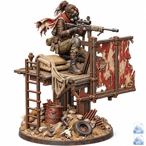 May include: A detailed figurine of a sniper in a gas mask and brown tactical gear, kneeling on a weathered wooden platform with a rifle. The base features a rusted ladder, a metal barrel, a tire, and an animal skull on a rocky, debris-filled ground.