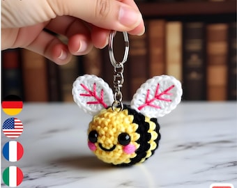 Patrón de ganchillo en PDF para llavero de abeja amigurumi. Lindo y kawaii llavero de abeja. Tutorial DIY. Fácil para principiantes. Descarga digital.