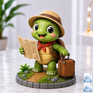 May include: A green turtle figurine wearing a tan explorer hat and a red neckerchief. The turtle holds a beige paper map and stands next to a brown suitcase on a circular base with a stone border, green grass, and a small brown dirt path.