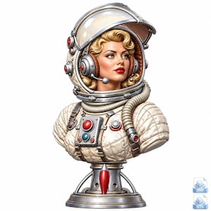 May include: A detailed bust of an astronaut featuring a blonde individual with red lipstick wearing a white quilted spacesuit and a helmet with a clear visor. The suit includes a chest control panel with red and blue buttons and a metallic base.