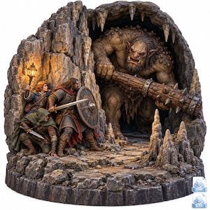 Puede incluir: Un diorama detallado impreso en 3D que muestra a un gran trol de las cavernas sosteniendo un garrote de madera con púas dentro de una cueva rocosa, mientras tres figuras blindadas con espada, escudo y linterna se posicionan.