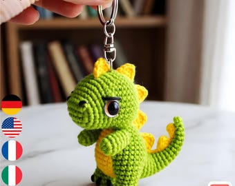 Patrón de ganchillo en PDF para llavero de dinosaurio amigurumi adorable / Tutorial fácil para principiantes sobre peluches de dinosaurios kawaii