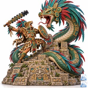 Puede incluir: Una figura detallada que representa a un guerrero jaguar con una maza macuahuitl y un escudo, sobre una base de pirámide de piedra junto a una gran serpiente emplumada de escamas turquesas y rojas, con rostros de piedra tallados.