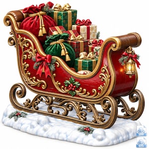 May include: A decorative red and gold sleigh figurine filled with wrapped gift boxes and velvet sacks in red and green. The sleigh features ornate gold scrollwork, a small hanging lantern with a red bow, and sits on a snow-covered base with holly.