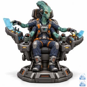 May include: A four-armed green alien pilot with orange eyes wearing a dark blue flight suit and orange harness, seated in a complex metallic command chair. The pilot operates dual control sticks and glowing blue holographic interface screens.