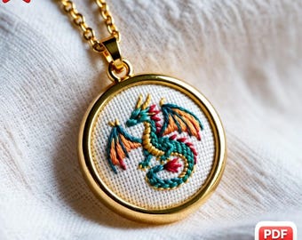 Schema per ricamo di drago in formato PDF, design per ciondolo fantasy, piccolo ricamo su telaio (download digitale)