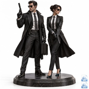 Könnte beinhalten: Ein Figurenpaar, das zwei Geheimagenten in schwarzen Trenchcoats, weißen Hemden und schwarzen Krawatten darstellt. Beide Figuren tragen eine dunkle Sonnenbrille und halten Pistolen mit Schalldämpfern. Eine Figur trägt einen schwarzen Aktenkoffer.