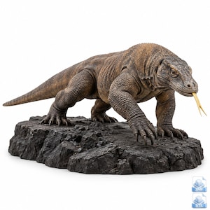 May include: A detailed brown Komodo dragon figurine with textured, scaly skin and a long, forked yellow tongue protruding from its mouth. The lizard is positioned in a walking stance on a dark, rugged, rock-like base with visible 3MF and STL icons.