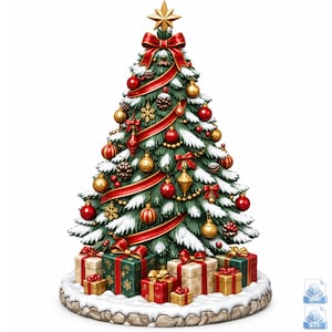 Peut inclure: Un sapin de Noël décoré avec des branches vertes enneigées, des rubans rouges, des boules dorées et rouges, et une étoile dorée au sommet. La base est entourée de plusieurs cadeaux emballés en rouge, vert et crème sur un socle circulaire enneigé.