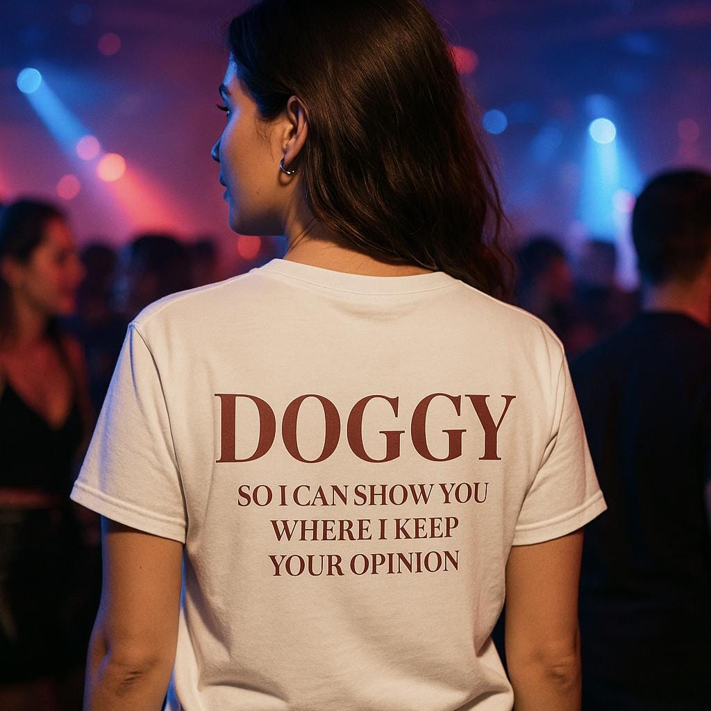 Doggy t-shirt bold sarcastic flirty, funny graphic tee with quote about opinions and power, cheeky party shirt for girls, doggy funny shirt