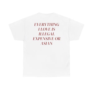 私が愛するものはすべて高価で、違法またはアジア風のTシャツ、ファッション愛好家のための面白いTシャツ、ギフト用のユニセックスコットンTシャツ、カジュアルな普段着
