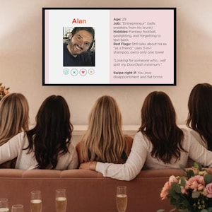 May include: A group of women are seated on a pink sofa, viewing a dating profile on a screen. The room is decorated with pink balloons, flowers, and a charcuterie board. Champagne glasses are on the table.