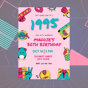Convite para festa retrô dos anos 90, modelo editável do Canva, convite para aniversário de 30 anos, gênero neutro, download instantâneo, para impressão, neon dos anos 90