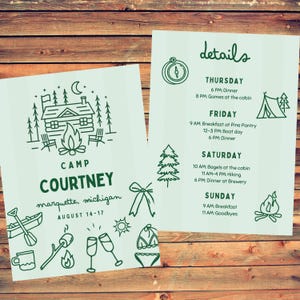 Itinéraire du camp Bachelorette, modèle modifiable de calendrier de fête de week-end de cabine, téléchargement imprimable, bois et camping Bach