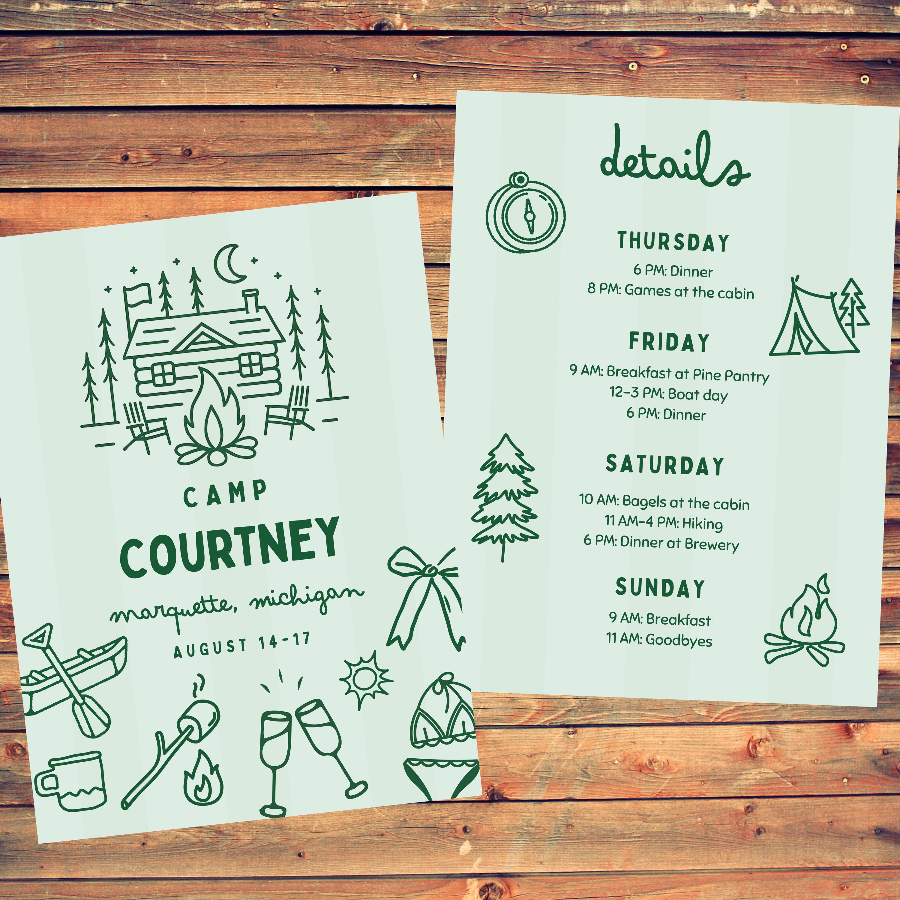 Camp Bachelorette Itinerary, Editable Cabin Weekend Party Schedule Template, Printable Download, Woods and Camping Bach