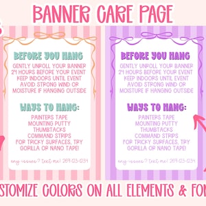 Può includere: Una pagina di cura del banner rosa e viola con il testo "Banner Care Page" e "Personalizza i colori su tutti gli elementi e i caratteri". Il banner include istruzioni su come appenderlo, con un numero di telefono per assistenza.