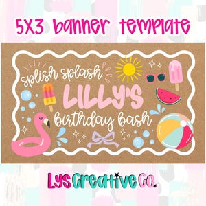 Mall för sommarfödelsedagsbanner med Splish Splash, 5x3 (60 x 36 tum), perfekt för projicering/spåringning, Canva, flickfödelsedag