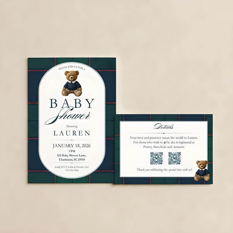 Ralph Lauren Baby Shower Invitation Template, Polo Classic Tartan Plaid ...