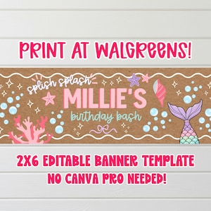 May include: A rectangular banner template with a brown kraft paper background featuring a white scalloped border. The text reads "splish splash MILLIE'S birthday bash". Graphics include a pink mermaid tail, coral, starfish, and bubbles.