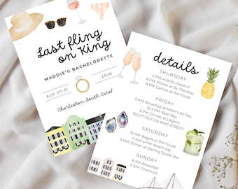 Charleston Bachelorette Itinerary Template | Last Fling on King Editable Canva Invite | Girls Trip Weekend Invitation