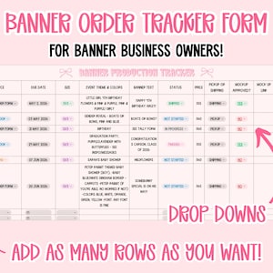 Könnte beinhalten: Ein rosa Banner-Bestellformular für Banner-Geschäftsinhaber. Das Formular enthält Felder für Kundenname, Fälligkeitsdatum, Veranstaltungsthema, Bannertext, Status und Preis. Es verfügt über Dropdown-Menüs und die Möglichkeit, Zeilen hinzuzufügen.