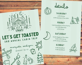 Cabin Trip Itinerary Template, Friends or Girls Weekend Planner, Canva Editable Schedule, Cabin Party Agenda, Printable Vacation Organizer