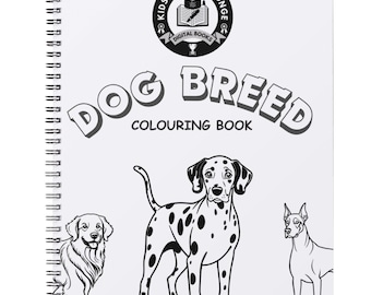 Peut inclure: Un livre de coloriage à spirales intitulé "Dog Breed Colouring Book" avec des illustrations d'un Golden Retriever, d'un Dalmatien et d'un Dogue Allemand. La couverture présente un logo avec le texte "Kids Literary Lounge Digital Books".