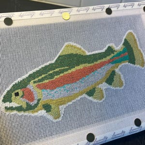 Tela de truta arco-íris (peixe) bordada - pintada à mão, costurada, tela de malha 18