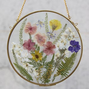 Botanical Art, Real meadow, Circle Pressed Flowers, Large Pressed Flower, Pressed Flower Art, Floating Frame, Pressed Flower Glass