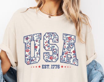Floral USA Shirt, American Girl Shirt, USA Est 1776 Shirt, Girly 4th of July Shirt, Patriotic Women Shirt, Flower USA Shirt, July 4th TShirt