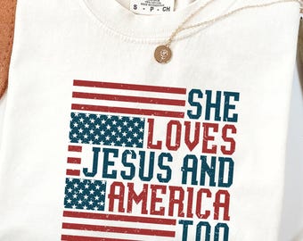 Koszulka She Loves Jesus And America Too, Koszulka Independence Day, Koszulka Christian, Koszulka 4th of July, Koszulka America Retro, Koszulka USA, Koszulka USA Flag