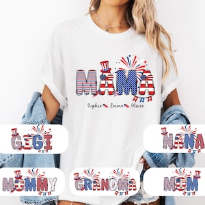 Personalized Mama Shirt, Patriotic Mama 4th Of July Mommy And Kid Name Shirt, Patriotic 4th of July Grandma T-Shirt, Fourth of July Gigi Tee