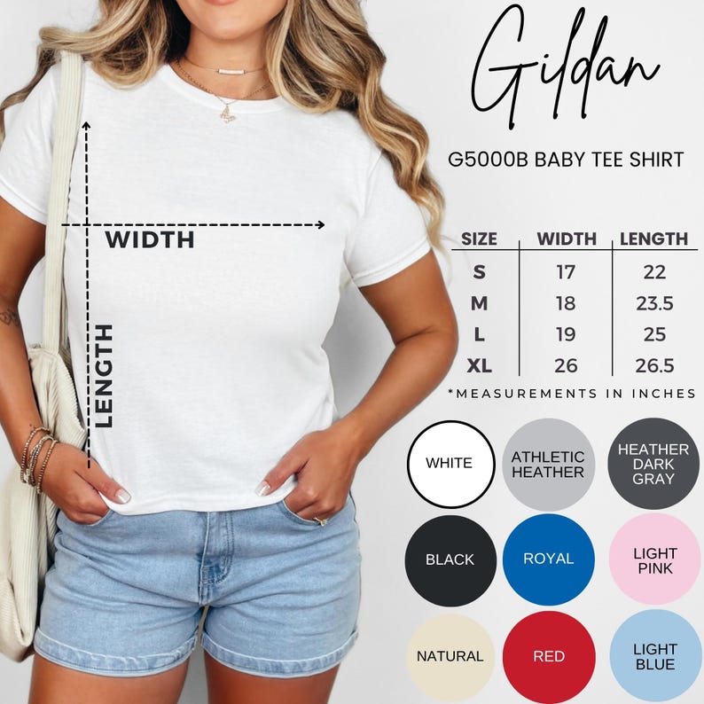 May include: A white Gildan G5000B baby tee shirt. The shirt has a crew neck and short sleeves. Size chart shows measurements in inches. Available colors include white, black, and red.