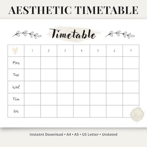 Aesthetic Study Timetable Printable PDF - Oatmeal Weekly Class Schedule Planner | A4, A5 & US Letter | Instant Download