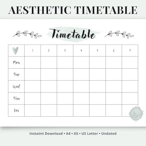 Aesthetic Study Timetable Printable PDF - Weekly Class Schedule Planner | A4, A5 & US Letter | Instant Download
