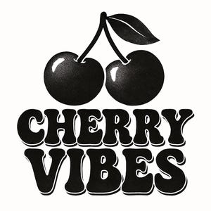 May include: Black and white graphic featuring two cherries with stems and a leaf. Below the cherries, the words "CHERRY VIBES" are displayed in a bold, retro font. The design is set against a white background.