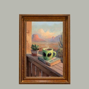 Alien Coffee Mug Wall Art | Spooky-Cute Printable Decor | Digital Art for Kitchen or Office | Brews with a View | Instant Download