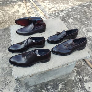 Handmade Brown Leather Oxfords - Black Shaded Lace-Up Dress Shoes - Set of 3